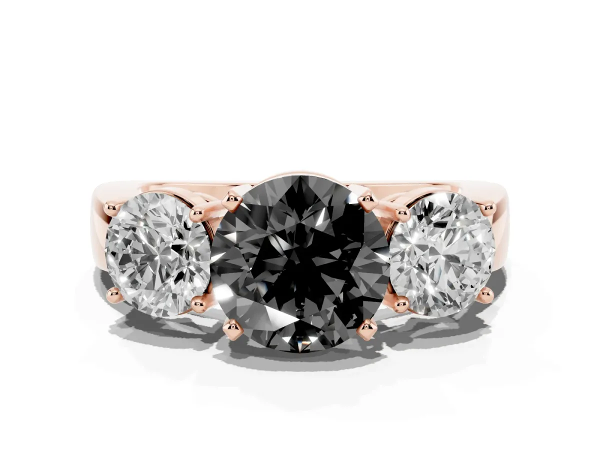 Fancy Black Three-Stone Round Cut Diamond Ring with Round Side Stones, Classic Band, and Four-Prong Setting Rose gold