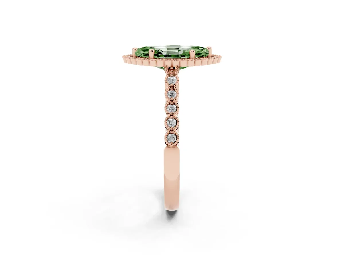 Fancy Green Marquise Cut Cut Halo Pavé Solitaire Ring with Milgrain Band Rose gold