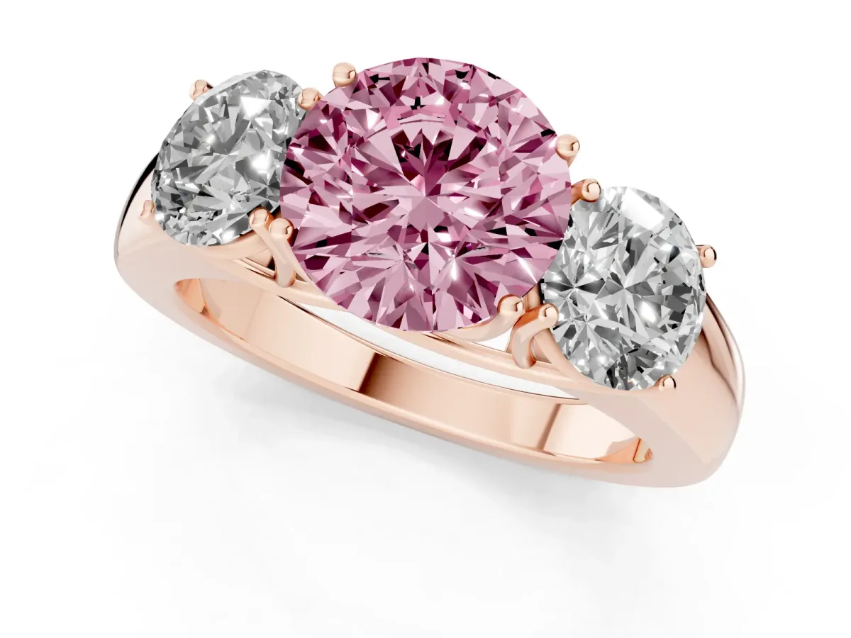 Fancy Pink Three-Stone Round Cut Cut Diamond Ring with Prong Setting and Classic Band Rose gold