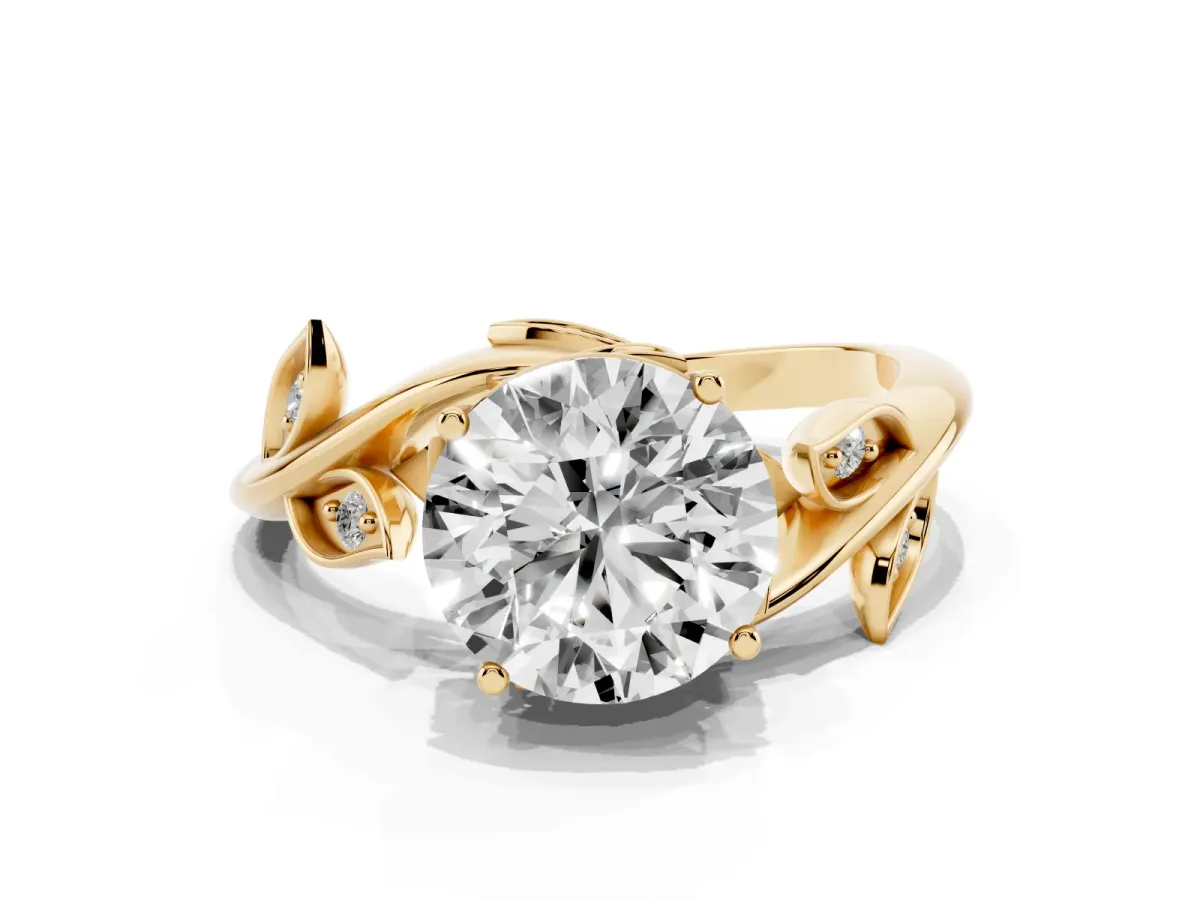 Round Cut Solitaire Twist Engagement Ring with Leaf Accents and Prong Setting Yellow gold