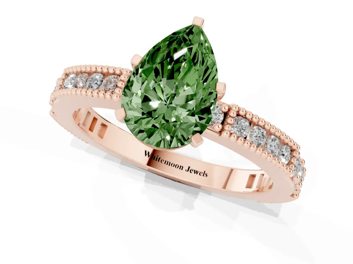 Fancy Green Pear Cut Solitaire with Pavé Band and Four-Prong Setting Rose gold