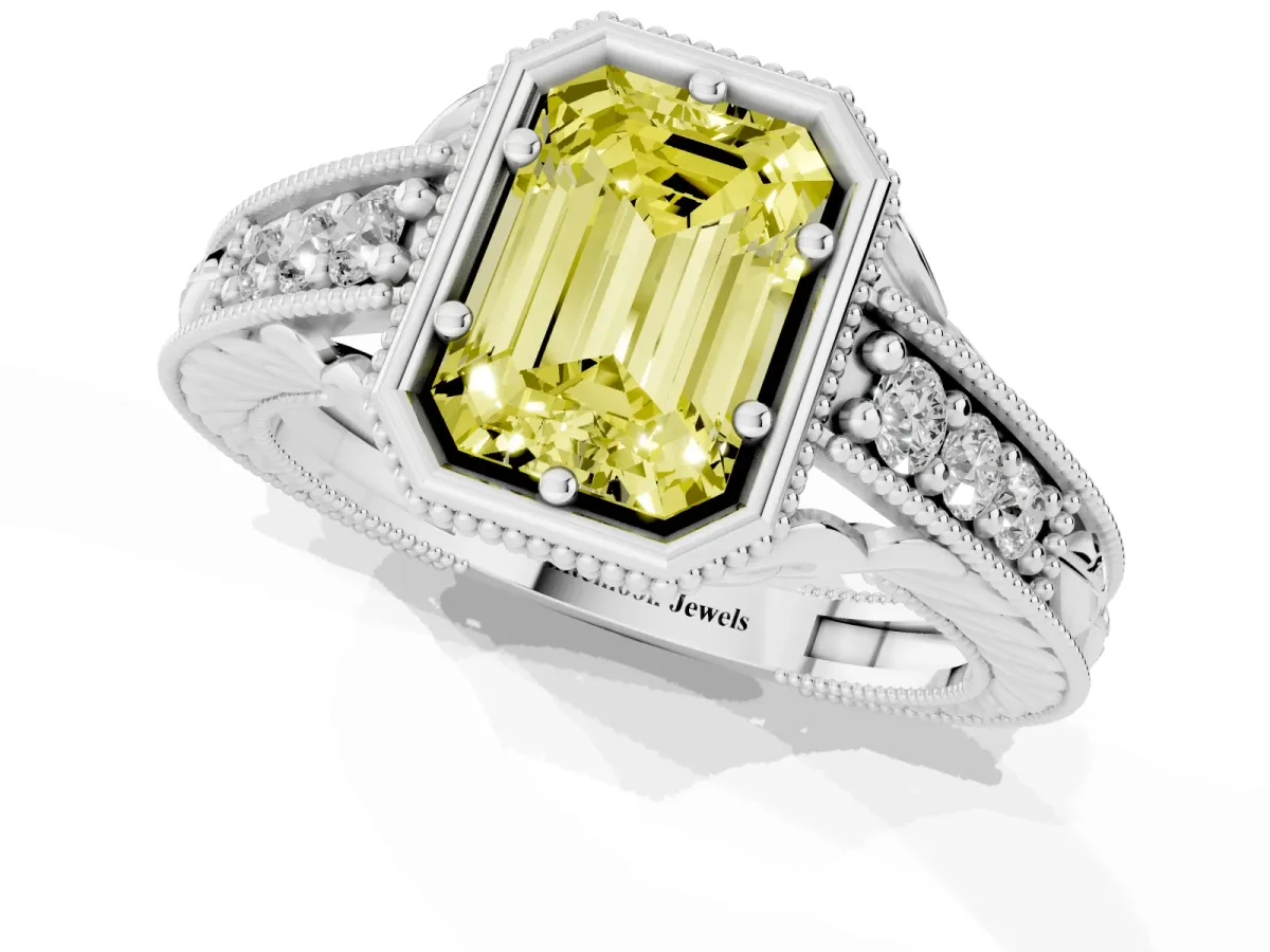 Fancy Yellow Bezel Set Emerald Cut Diamond Milgrain Pave Engagement Ring Silver