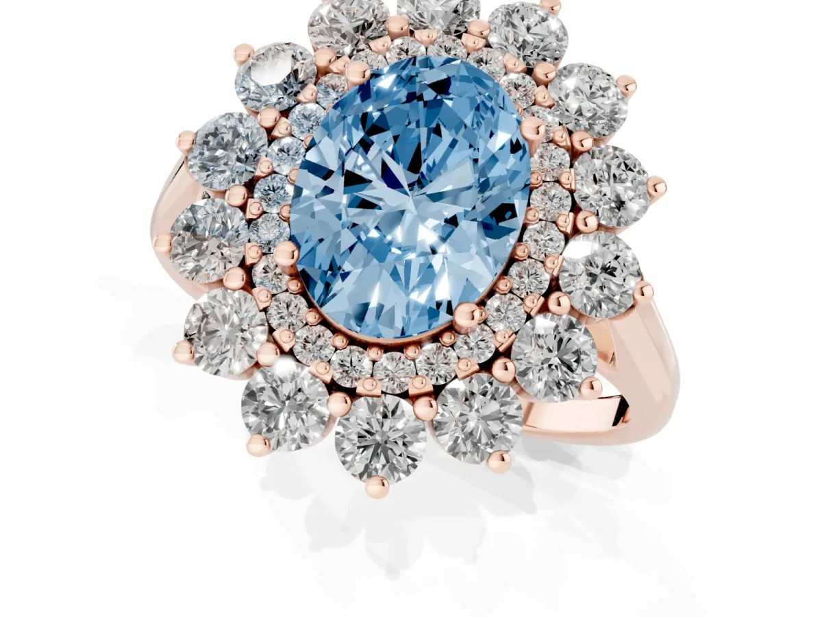 Fancy Blue Oval Cut Diamond Floral Double Halo Engagement Ring with Prong Setting Rose gold