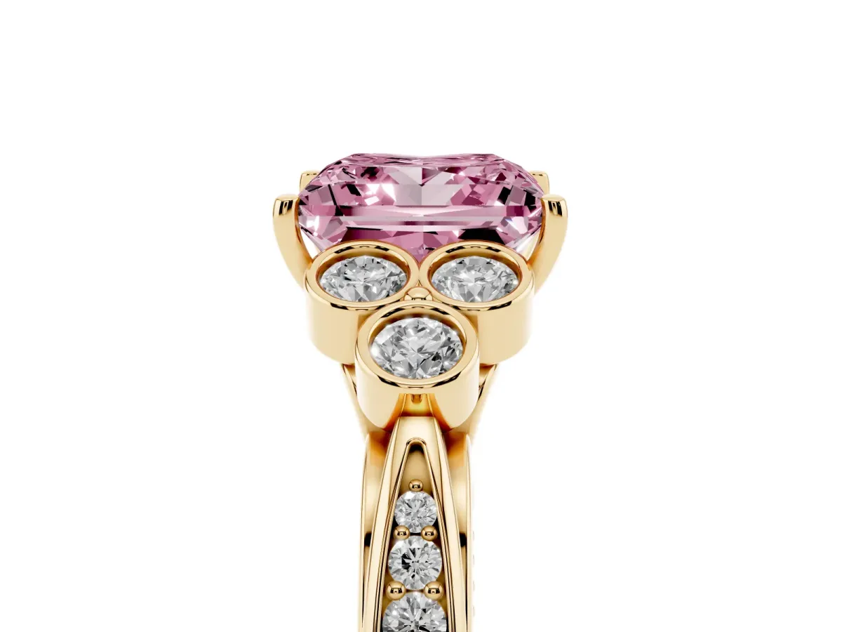 Fancy Pink Princess Cut Cut Diamond Engagement Ring with Bezel Set Round Side Stones and Prong Setting Yellow gold