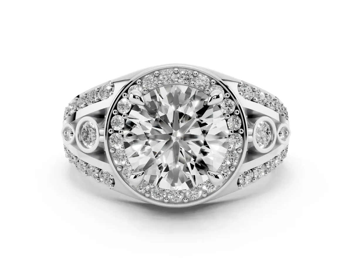 Round Cut Diamond Halo Ring with Split Shank and Bezel Accents and Four-Prong Setting Platinum