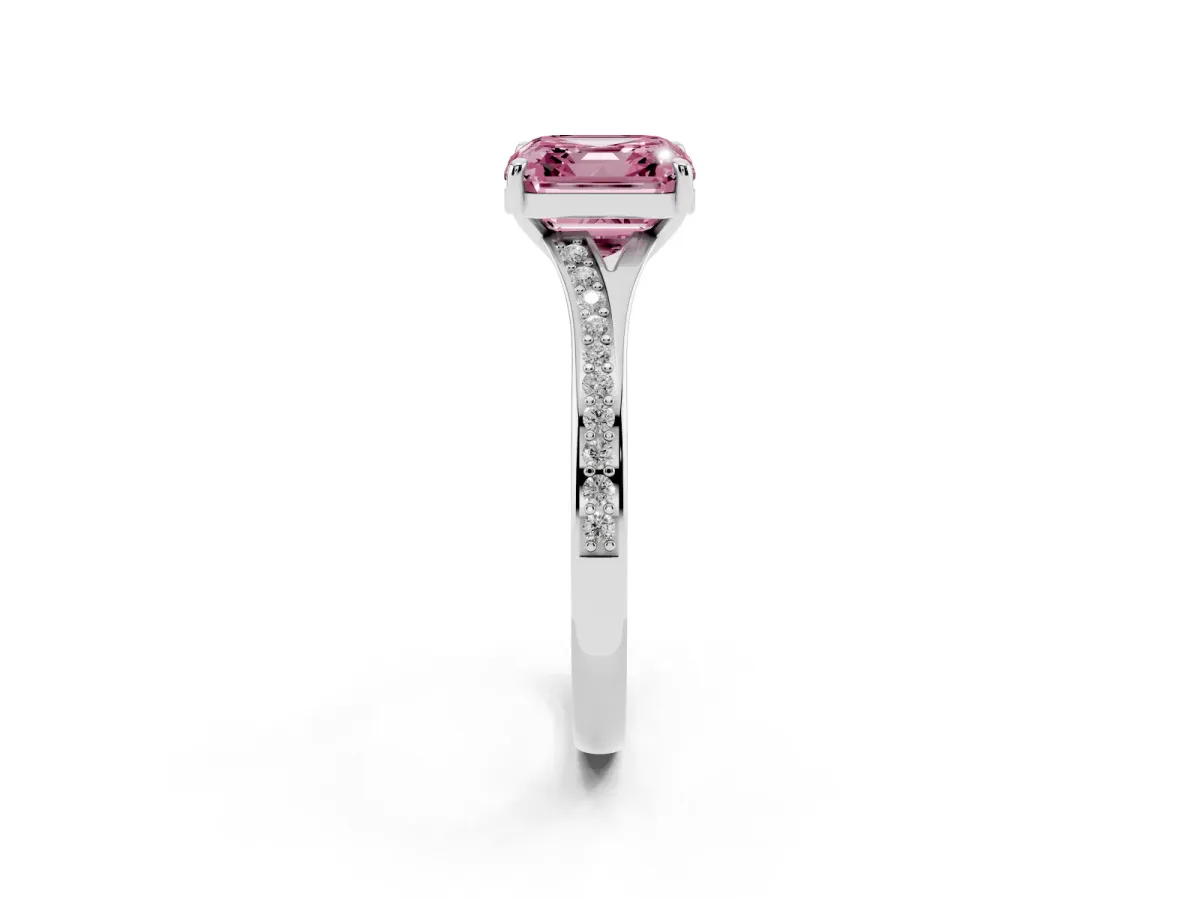 Fancy Pink Asscher Cut Diamond Solitaire Ring with Pavé Band and Prong Setting Silver