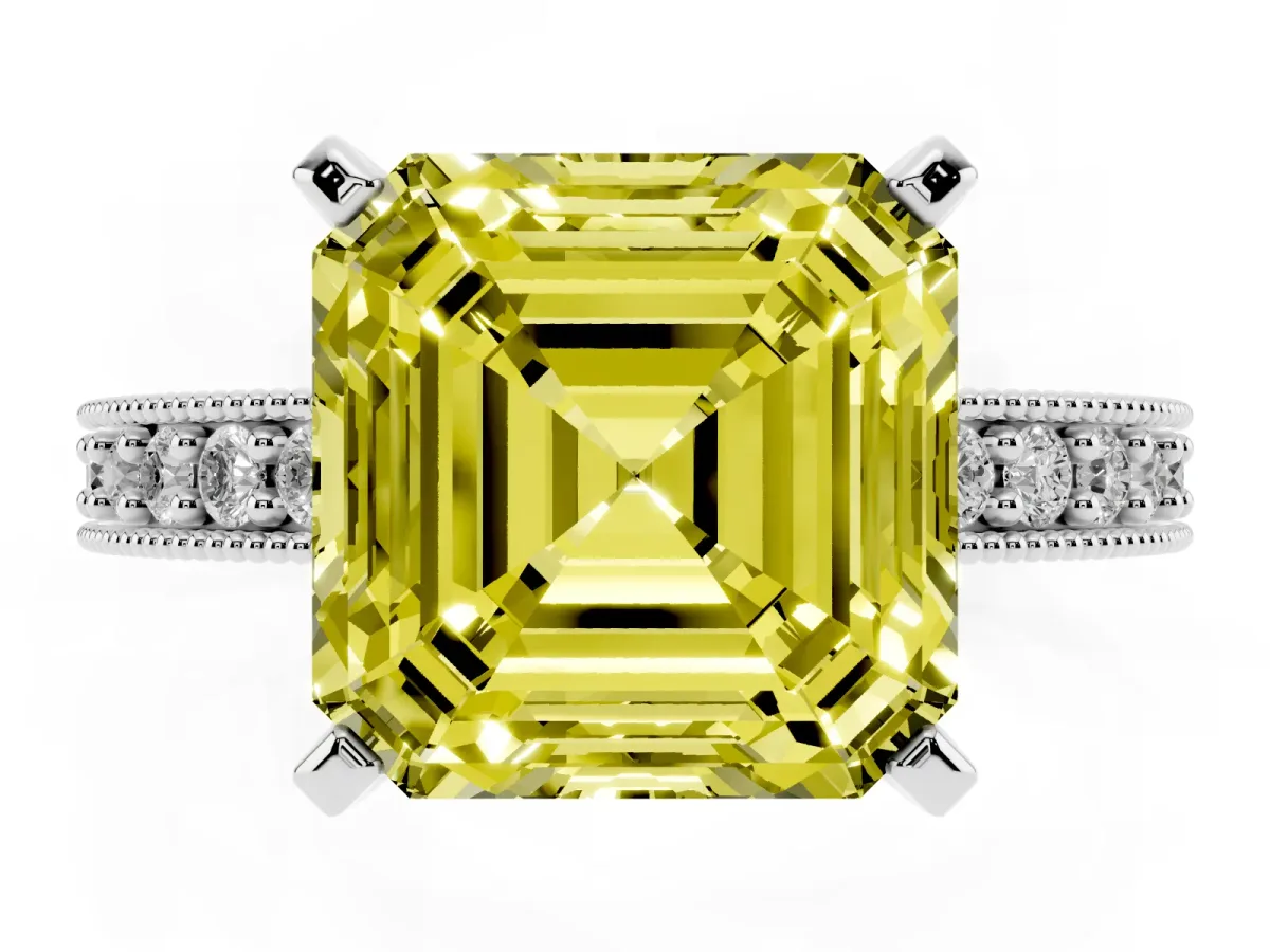 Fancy Yellow Asscher Cut Diamond Milgrain Pavé Engagement Ring with Four-Prong Setting Silver