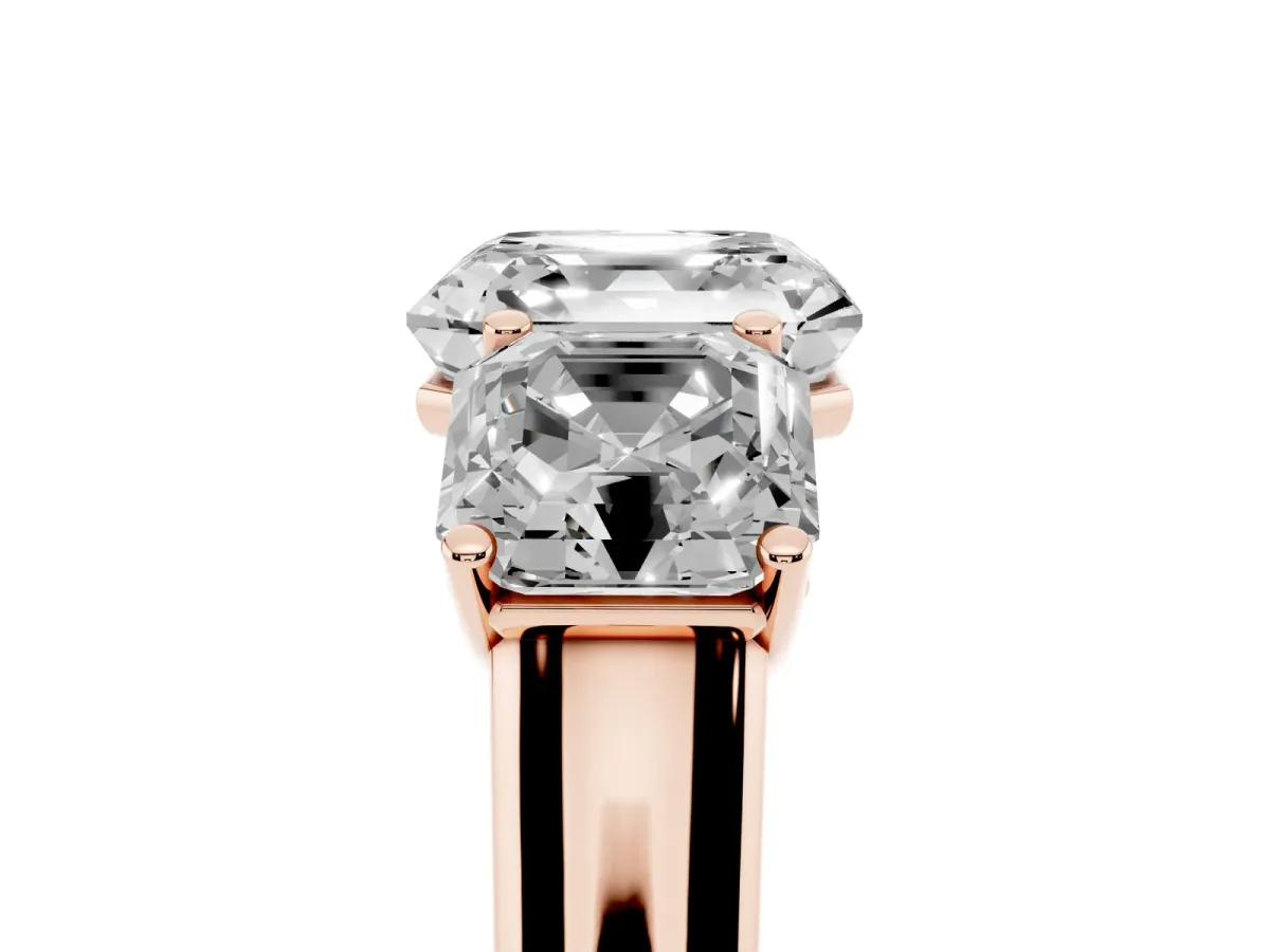 Asscher Cut Three-Stone Diamond Ring with Prong Setting on a Classic Band Rose gold