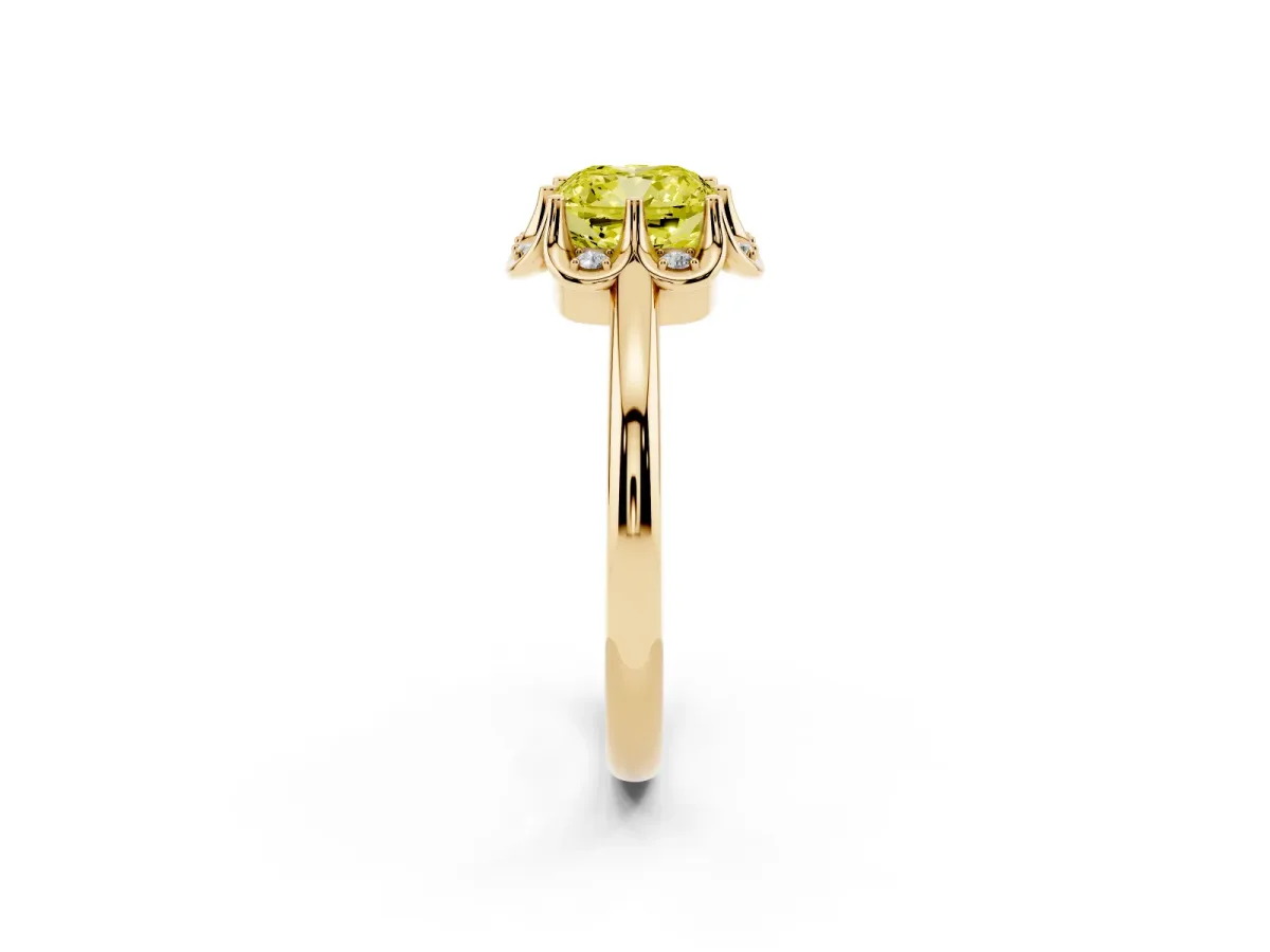 Fancy Yellow Cushion Cut Halo Diamond Ring with Round Cluster Setting, Solitaire Band, and Four-Prong Setting Yellow gold