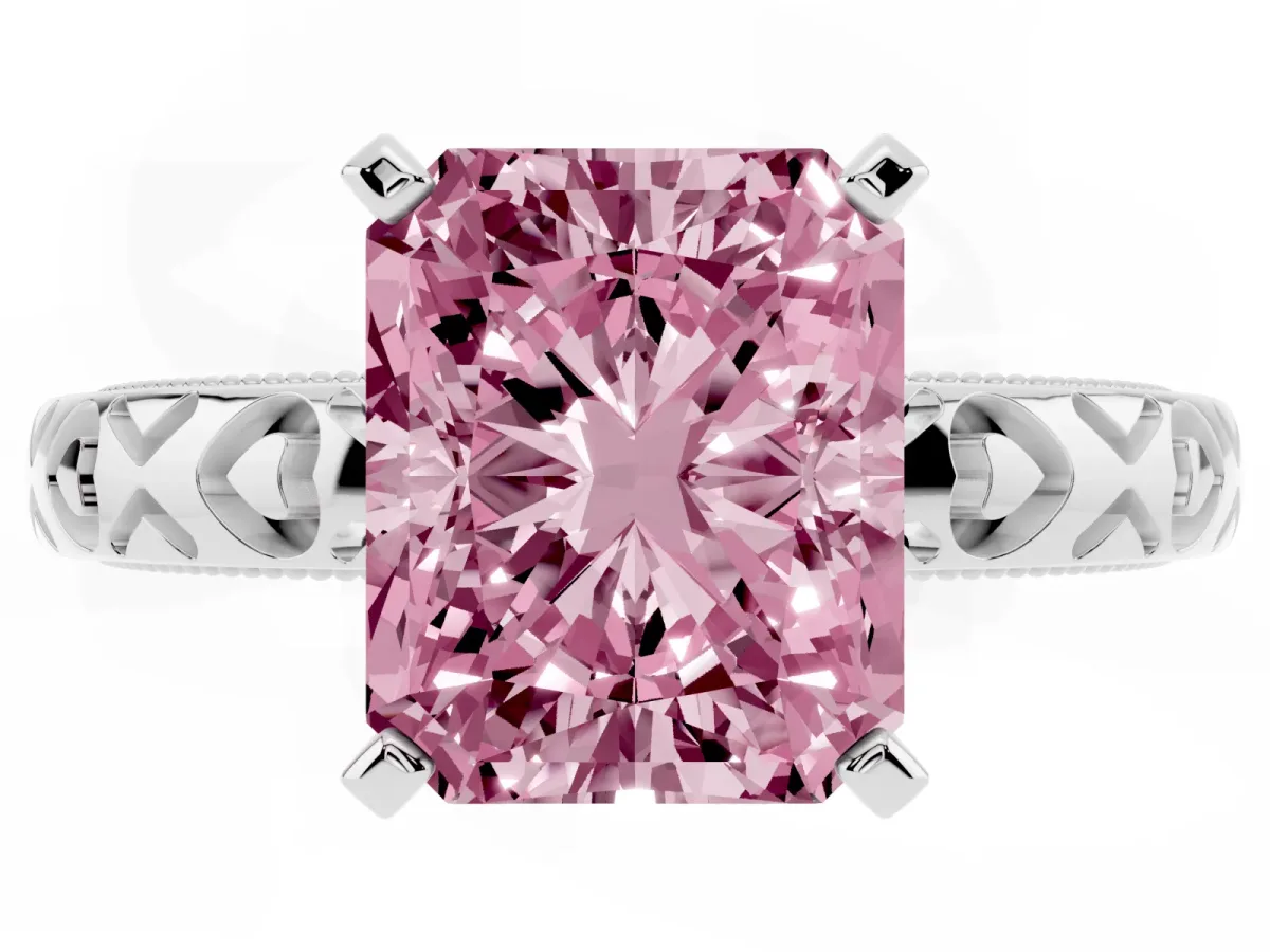 Fancy Pink Radiant Cut Solitaire Diamond Engagement Ring with XO Engraved Band and Four-Prong Setting White gold