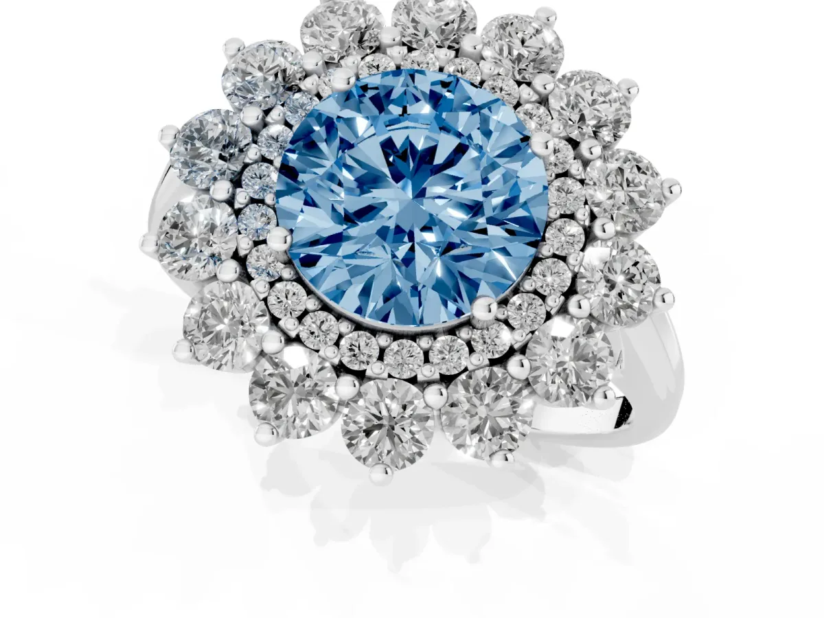 Fancy Blue Round Cut Diamond Floral Double Halo Engagement Ring with Prong Setting Silver