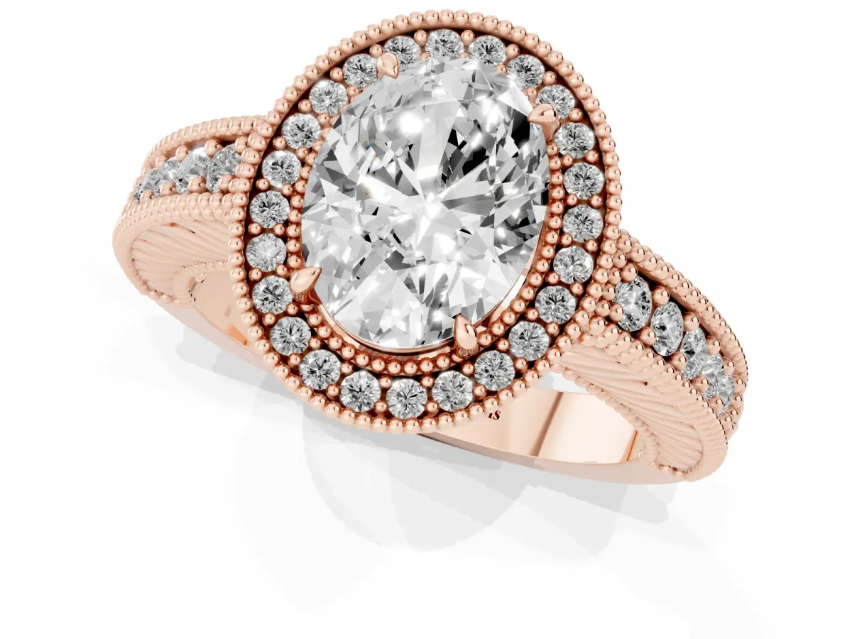 Oval Cut Cut Halo Diamond Ring with Pavé Band and Four-Prong Setting Rose gold