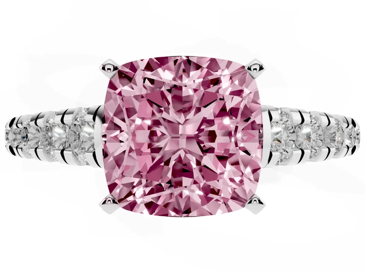 Fancy Pink Cushion Cut Diamond Cathedral Solitaire Ring with Round Pavé Band Silver