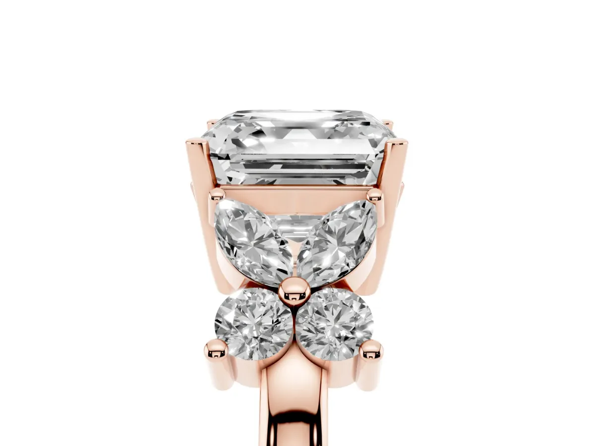 Princess Cut Diamond Floral Cluster Ring with Solitaire Band and Prong Setting Rose gold