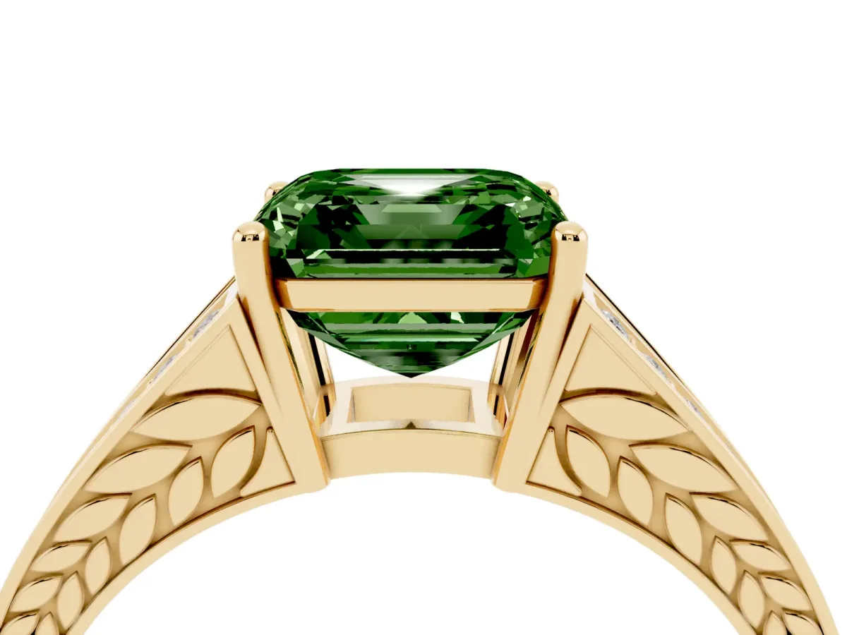 Fancy Green Asscher Cut Diamond Split Shank Ring with Pavé Band and Four-Prong Setting Yellow gold