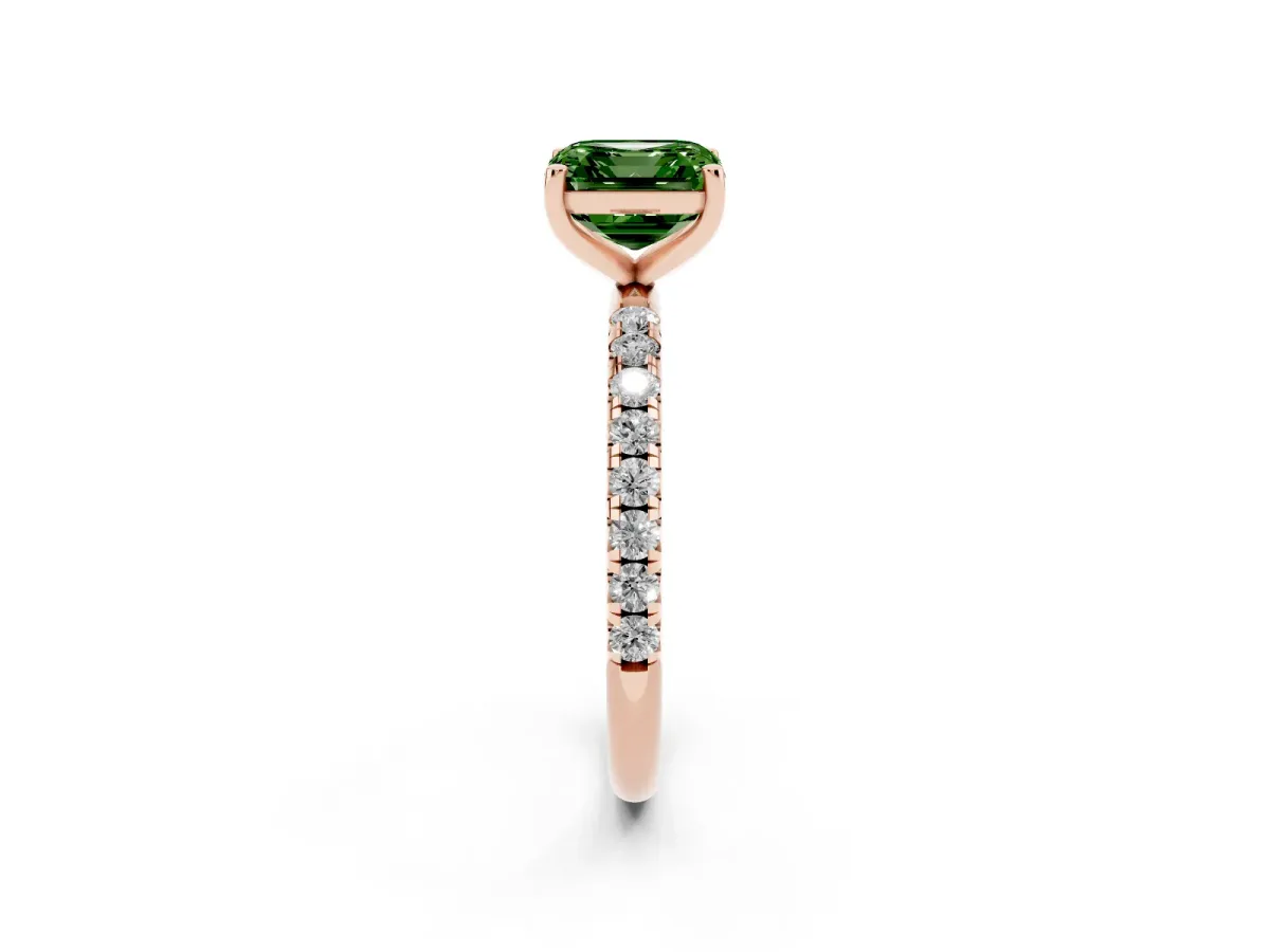 Fancy Green Asscher Cut Cut Diamond Solitaire Ring with Micro Pave Band and Four Prong Setting Rose gold