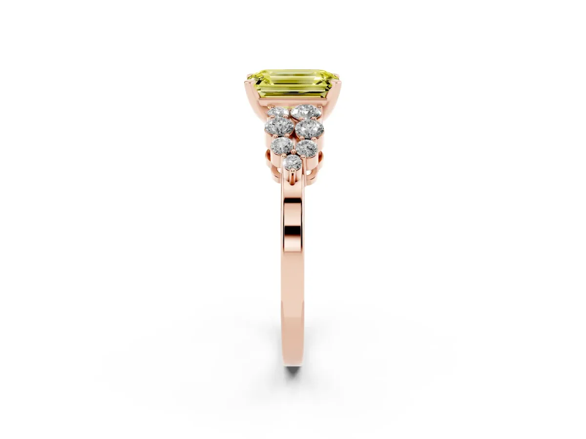 Fancy Yellow Emerald Cut Cluster Diamond Engagement Ring with Pavé Band and Four-Prong Setting Rose gold