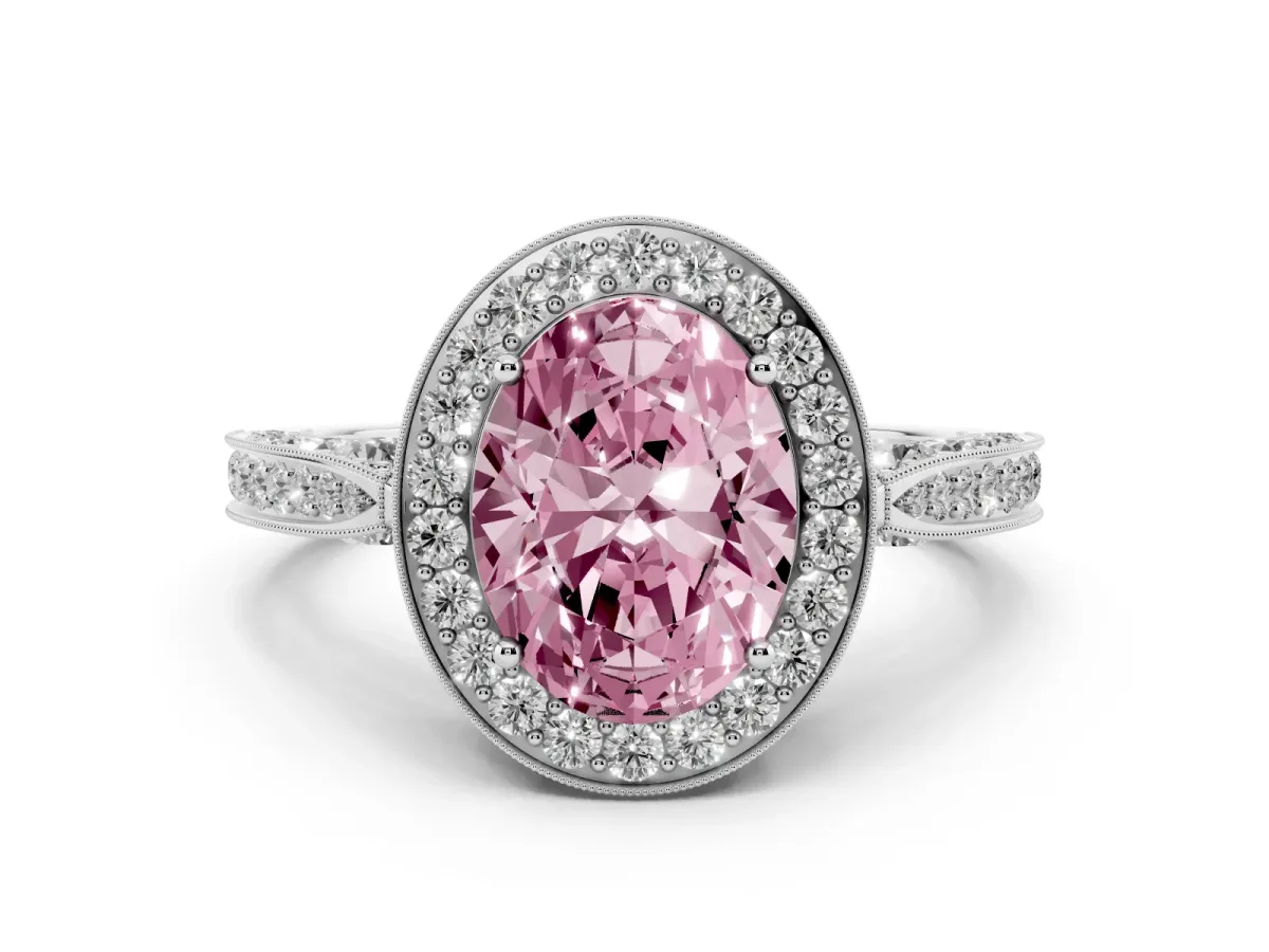 Fancy Pink Oval Cut Halo Diamond Engagement Ring with Split Shank Band and Four-Prong Setting Silver