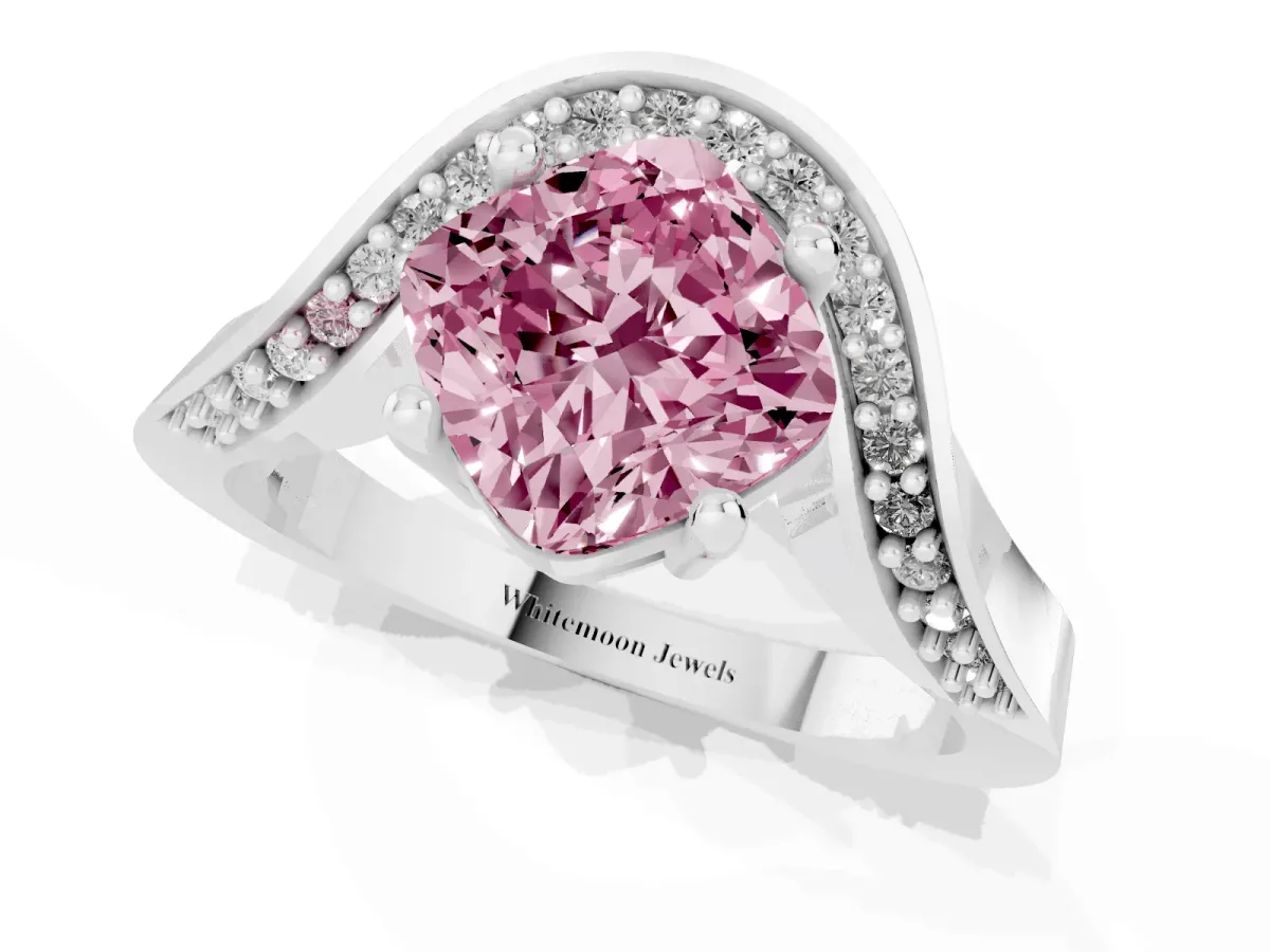 Fancy Pink Cushion Cut Solitaire Diamond Engagement Ring with Pave Band and Four-Prong Setting Silver