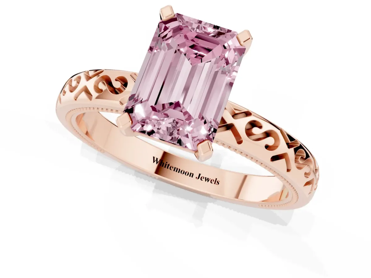 Fancy Pink Emerald Cut Solitaire Engagement Ring with Scrollwork Band and Four-Prong Setting Rose gold