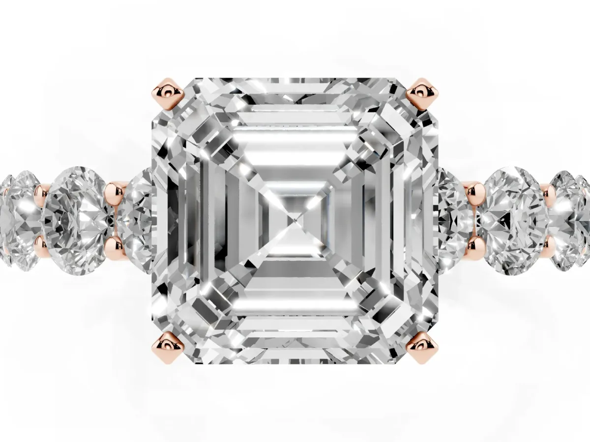 Asscher Cut Diamond Prong Setting with Side Stones on a Pave Band Rose gold
