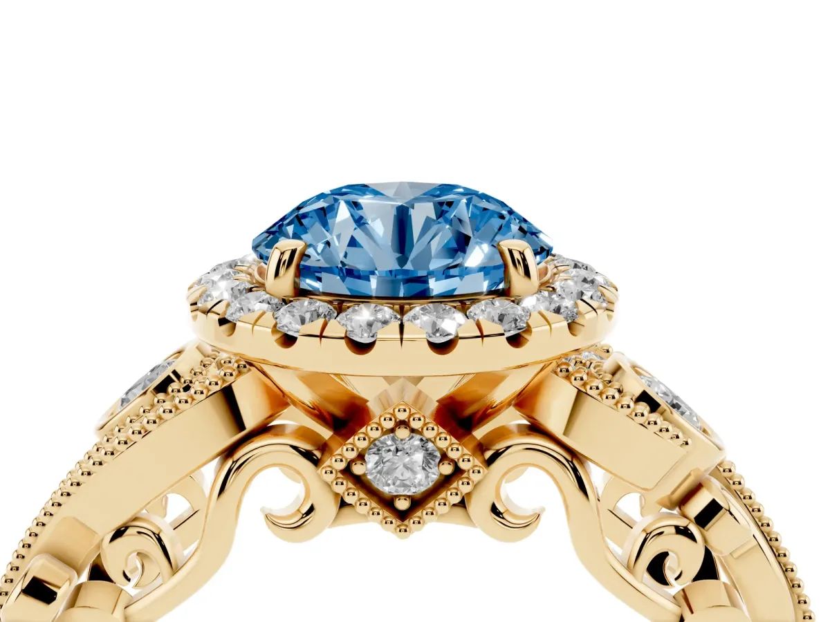 Fancy Blue Round Cut Diamond Halo Ring with Milgrain Pavé Band and Four-Prong Setting Yellow gold