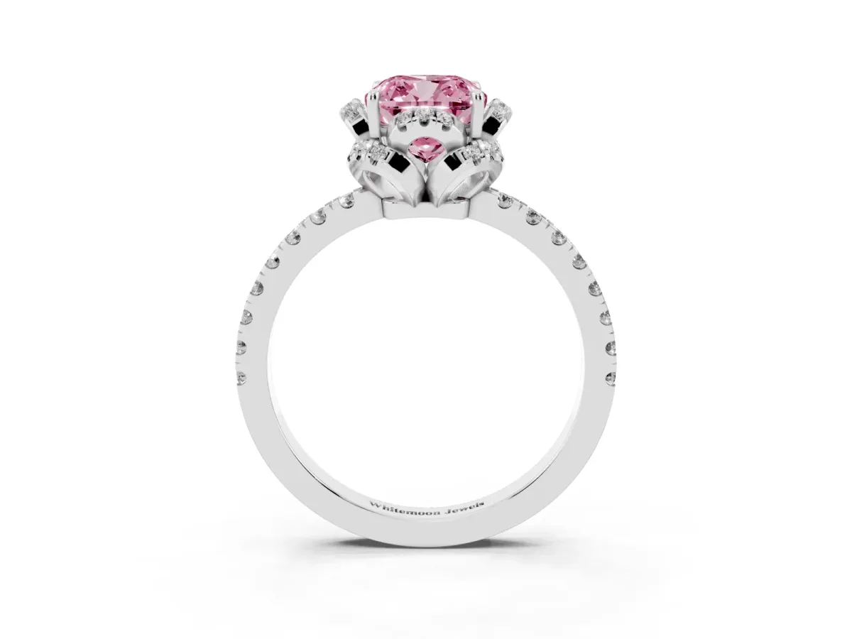 Fancy Pink Cushion Cut Diamond Halo Pave Band with Four-Prong Setting Silver