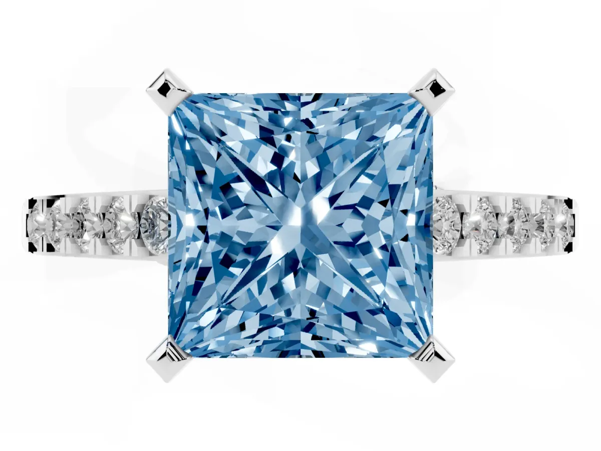Fancy Blue Princess Cut Diamond Solitaire Ring with Crossover Gallery and Round Pavé Band Platinum