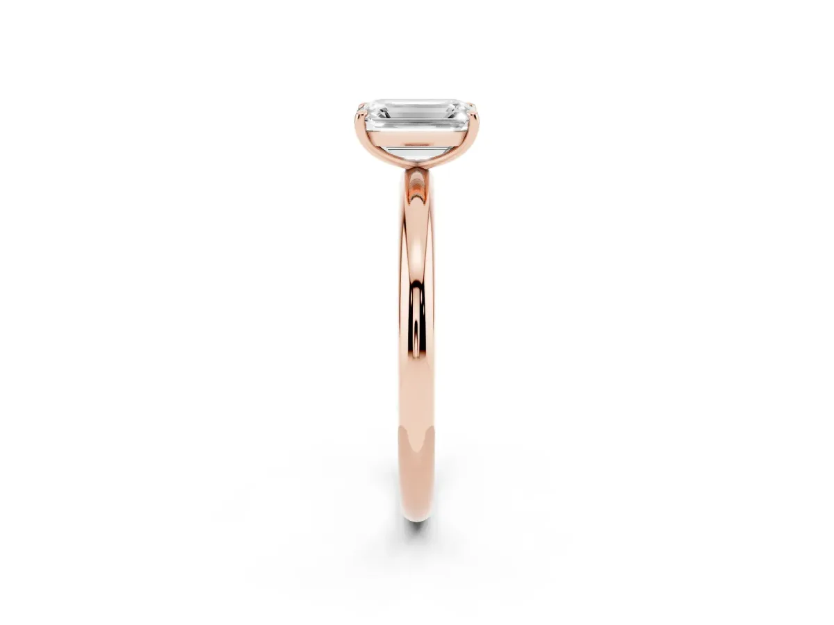 Emerald Cut Solitaire Diamond Ring with Four-Prong Setting on a Plain Band Rose gold