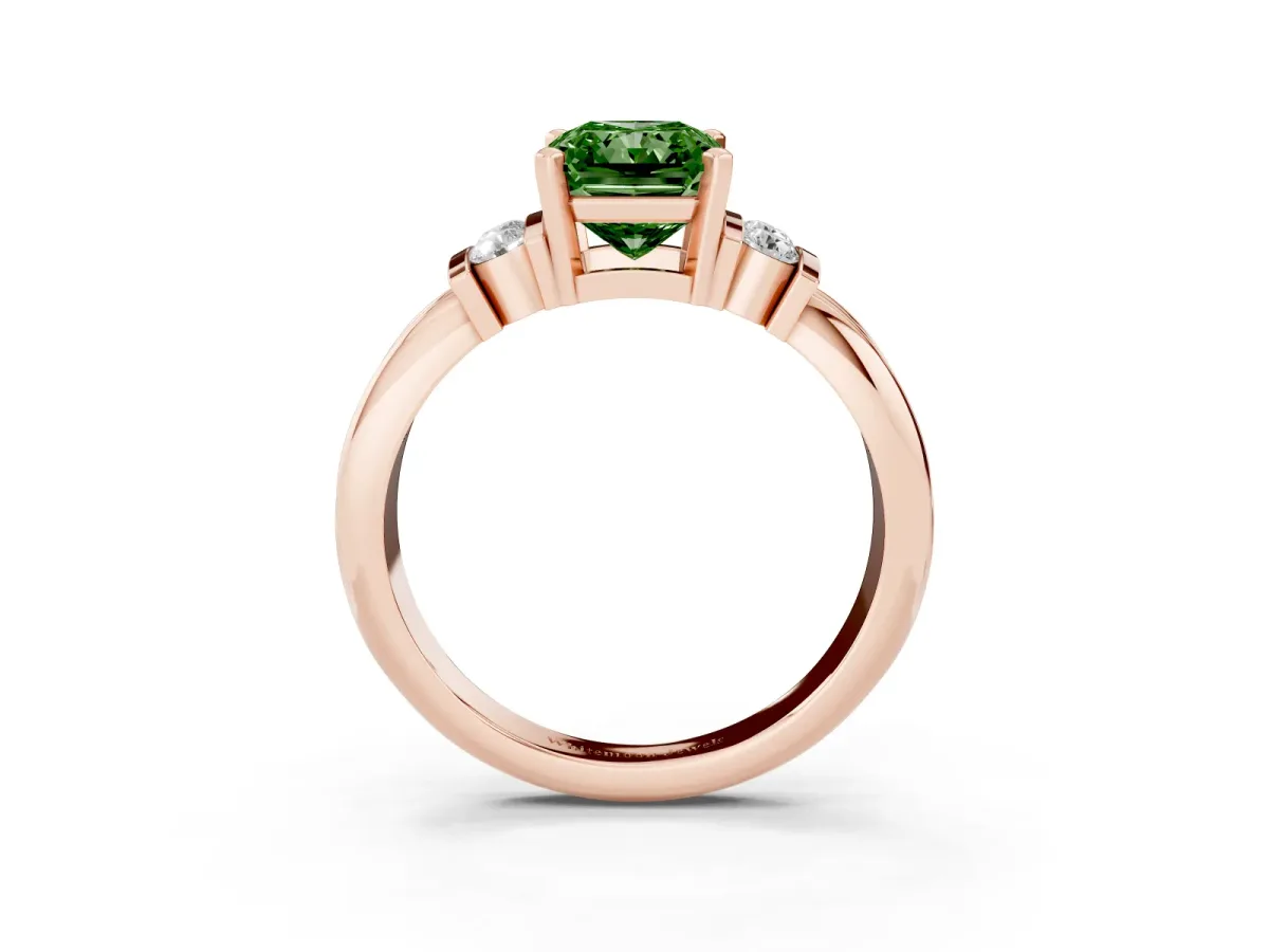 Fancy Green Radiant Cut Cut Three-Stone Channel Set Ring with Bar Prongs Rose gold
