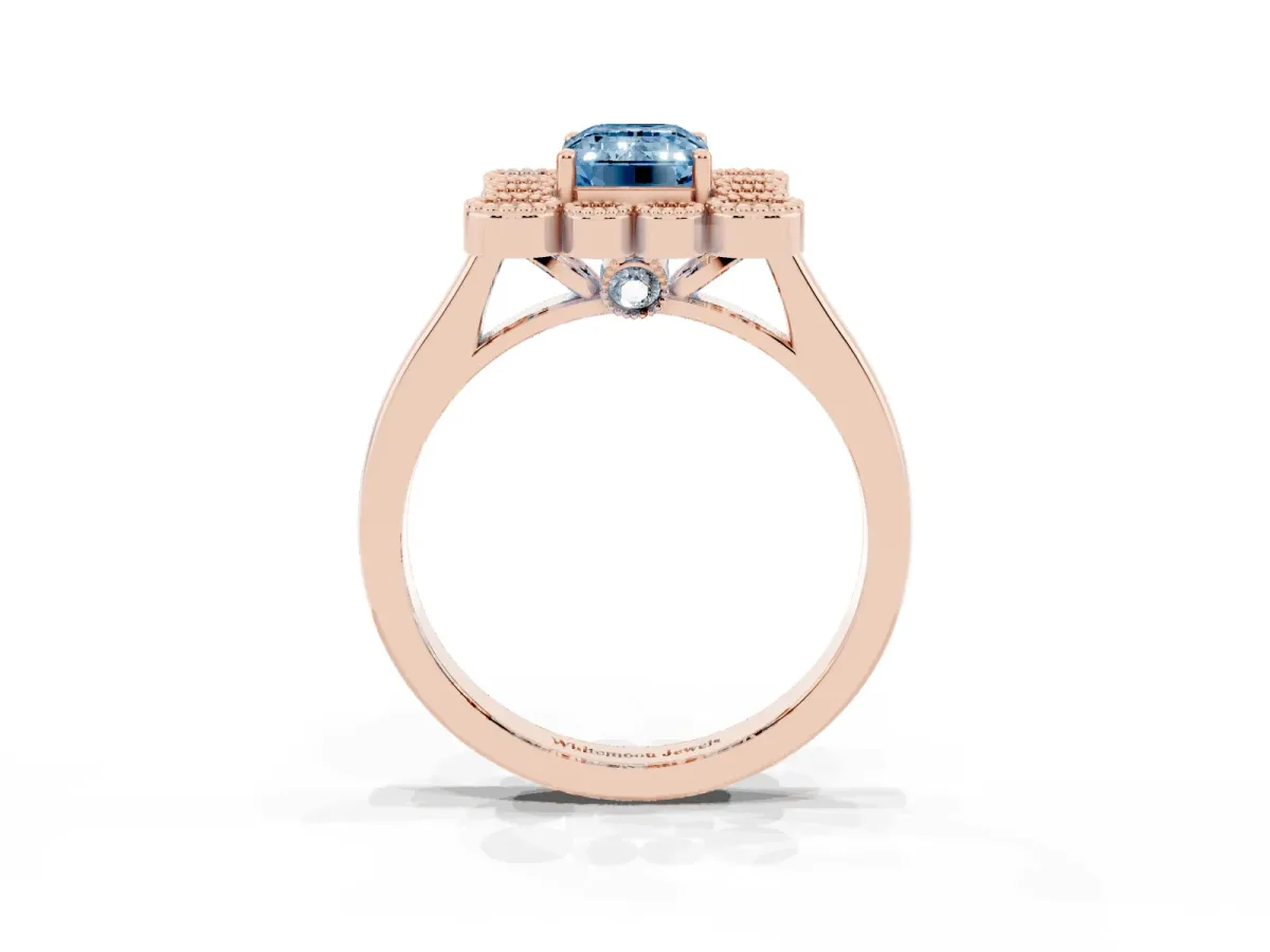 Fancy Blue Emerald Cut Halo Diamond Cluster Engagement Ring with Milgrain Bezel Setting and Solitaire Band Rose gold
