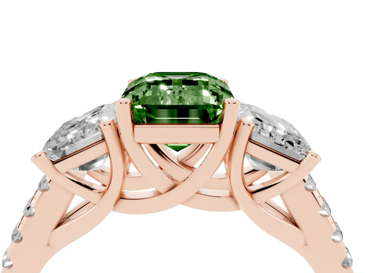 Fancy Green Three-Stone Emerald Cut Diamond Ring with Round Pavé Band and Prong Setting Rose gold