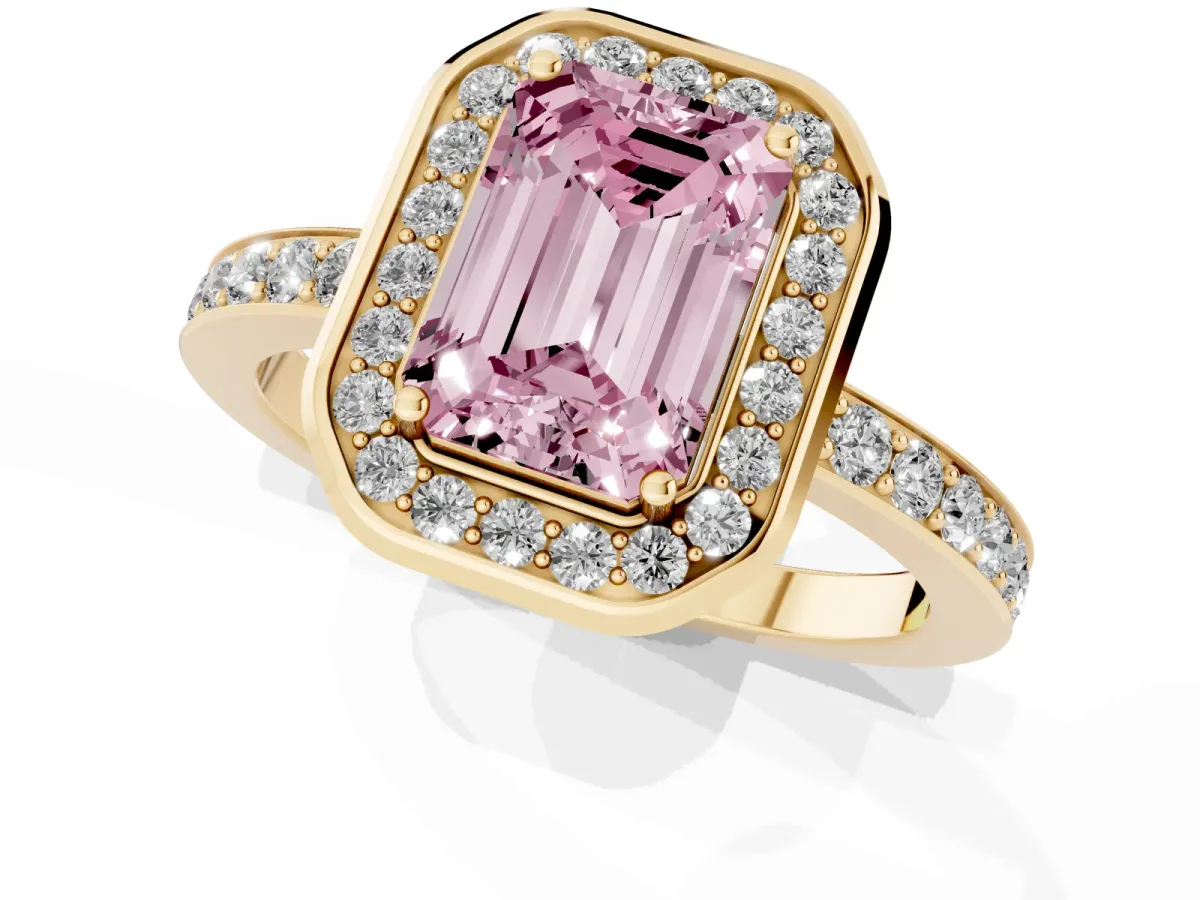 Fancy Pink Emerald Cut Diamond Halo Ring with Bezel Frame and Pavé Band Yellow gold