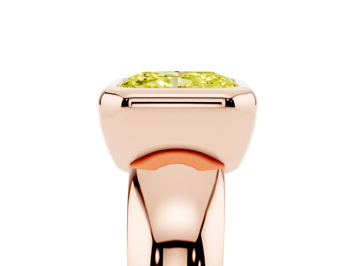 Fancy Yellow Bezel Set Radiant Cut Solitaire Ring with Wide Band Rose gold