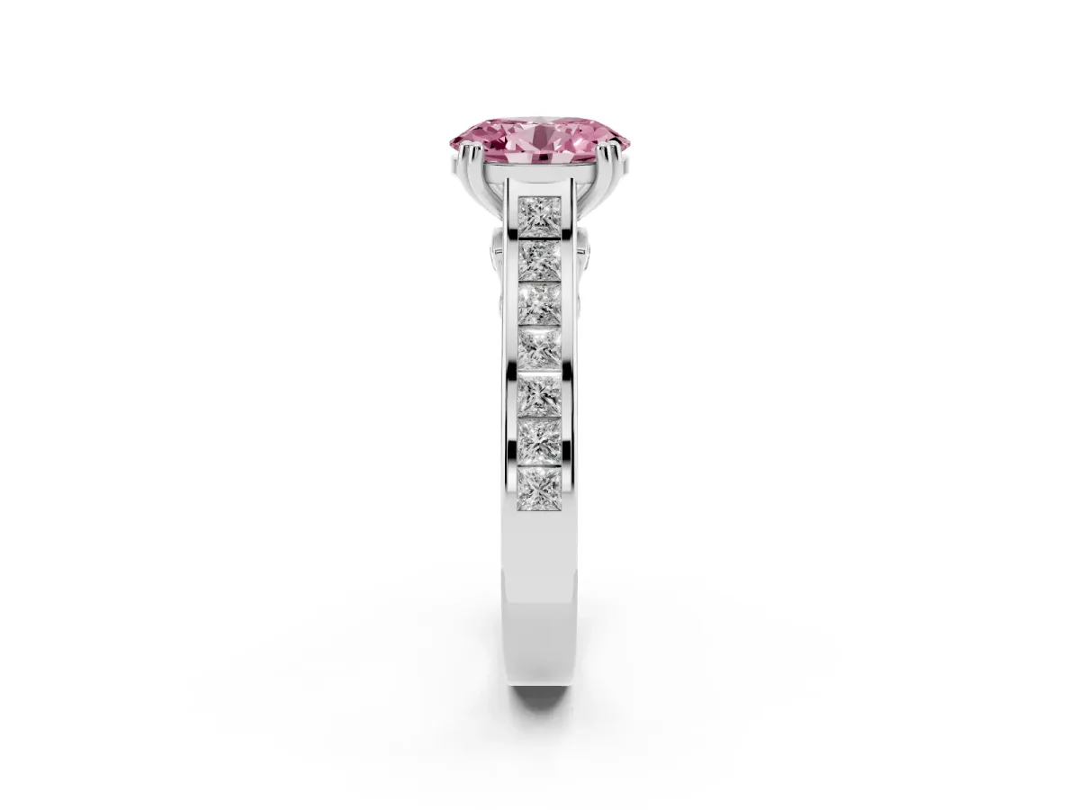 Fancy Pink Oval Cut Cut Channel Set Solitaire Engagement Ring with Prong Setting Silver