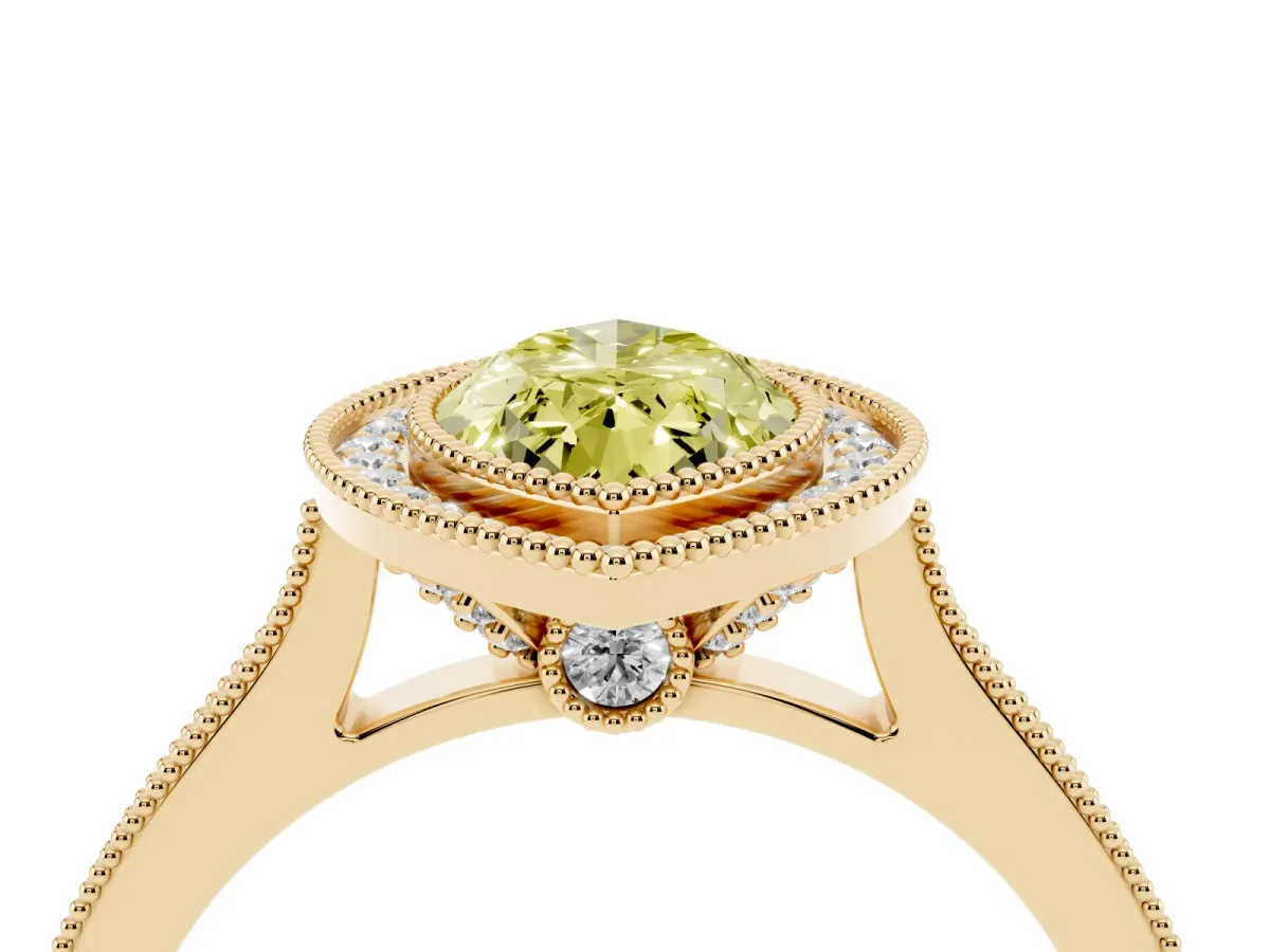 Fancy Yellow Halo Marquise Cut-Cut Diamond Pave Band Milgrain Prong Setting Ring Yellow gold
