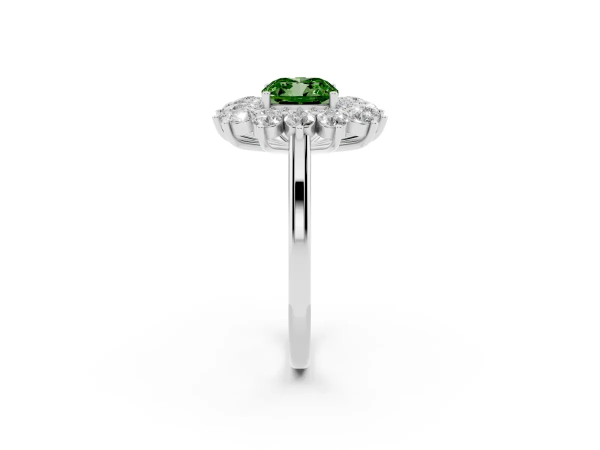 Fancy Green Cushion Cut Diamond Floral Double Halo Engagement Ring with Prong Setting Platinum