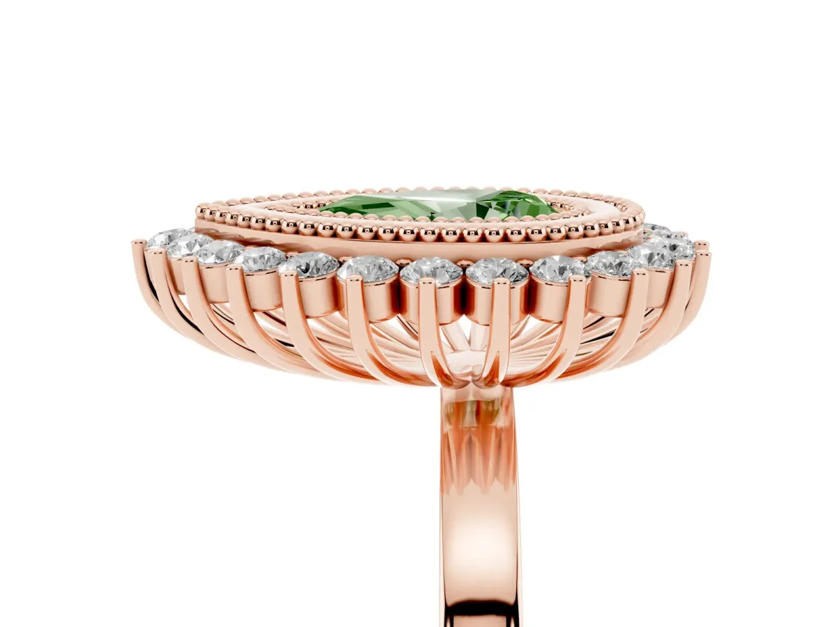 Fancy Green Pear Cut Halo Diamond Ring with Milgrain Edge and Round Prong Setting Rose gold