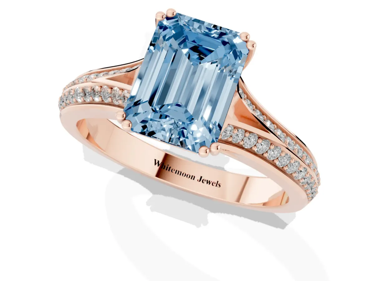 Fancy Blue Emerald Cut Diamond Split Shank Engagement Ring with Pavé Band Rose gold