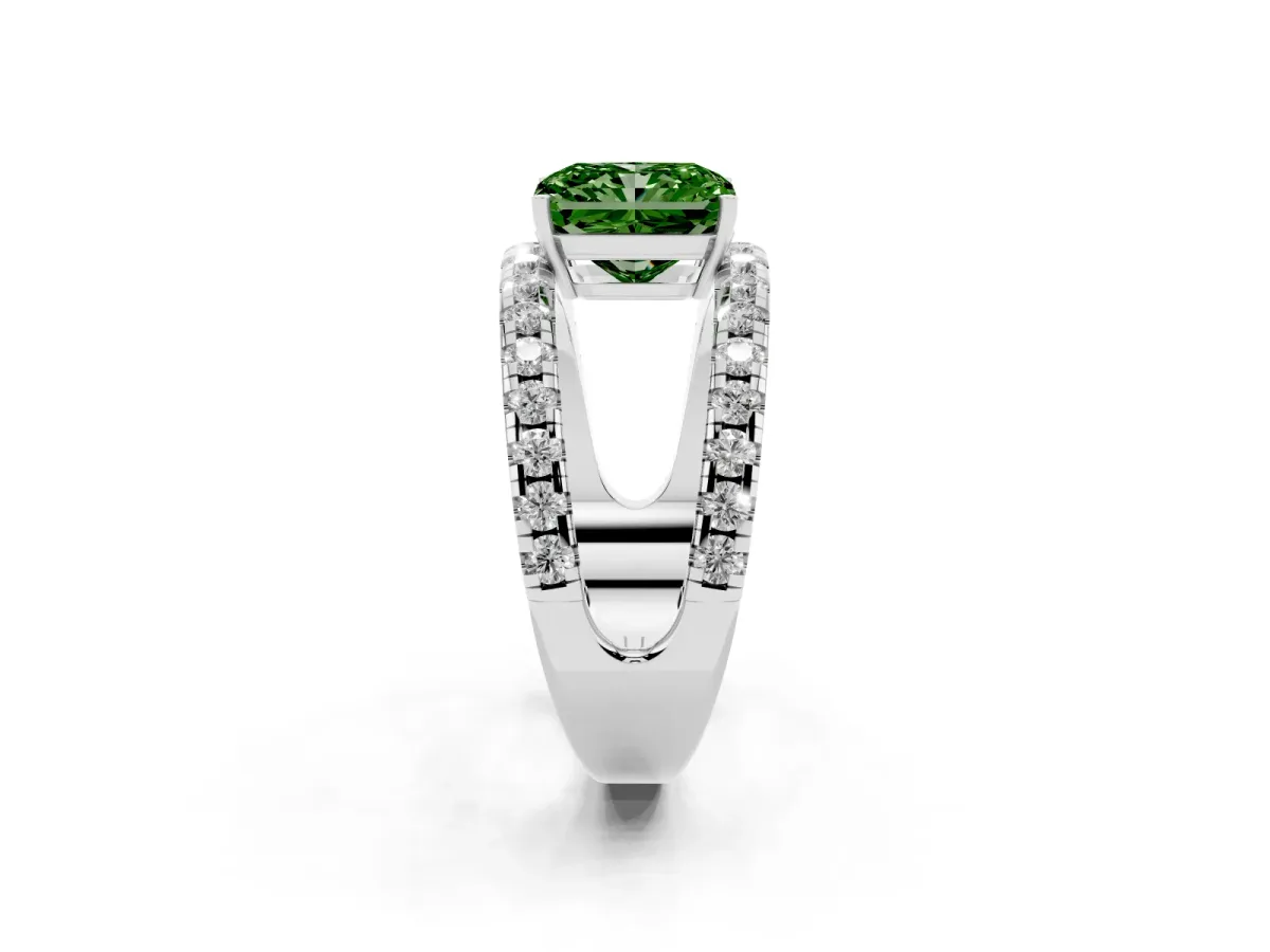 Fancy Green Radiant Cut Solitaire Split Shank Pave Diamond Ring Platinum