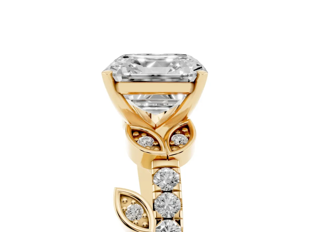 Asscher Cut Solitaire Leaf-Inspired Diamond Ring with Pavé Band and Four-Prong Setting Yellow gold