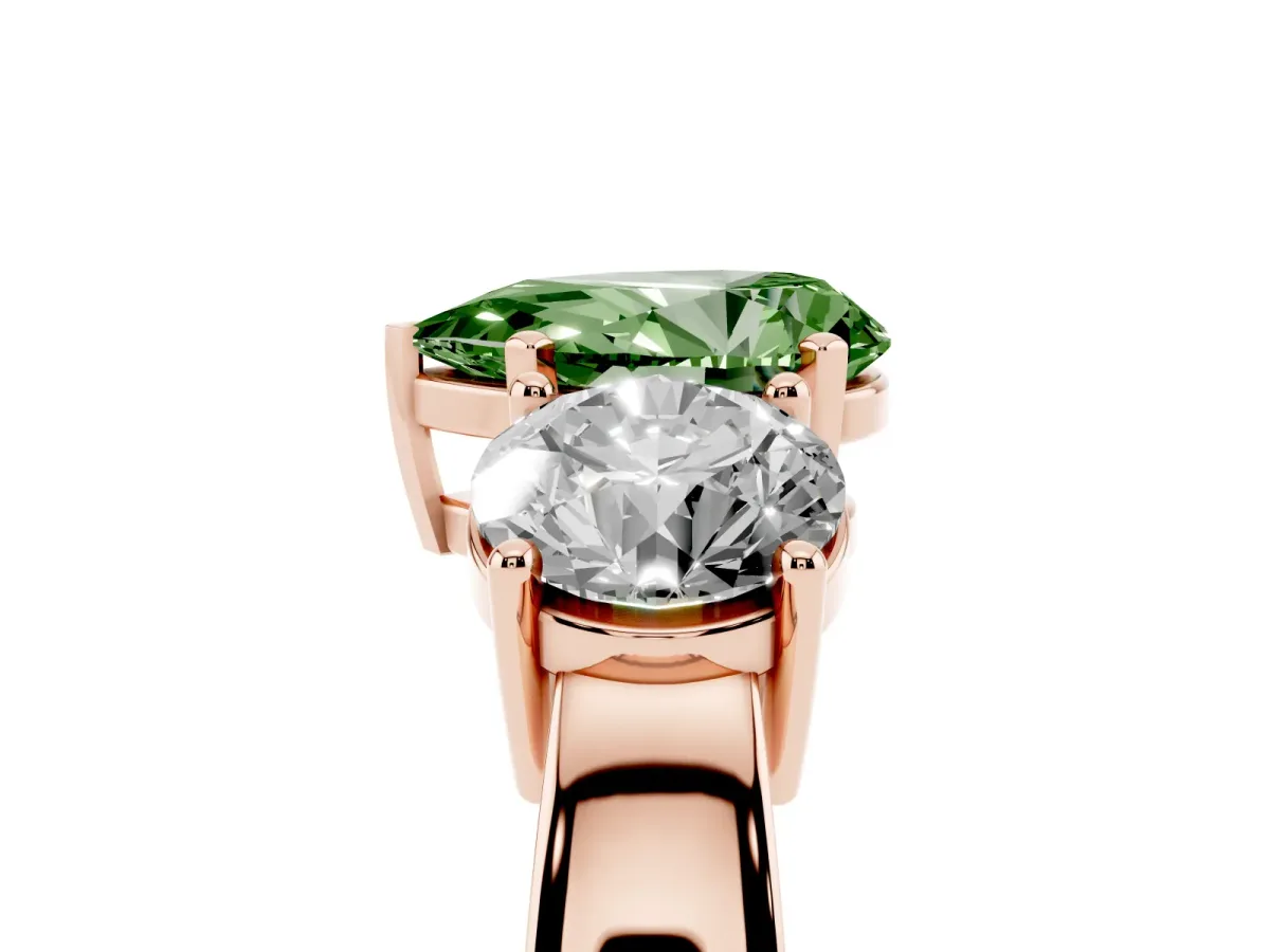 Fancy Green Three-Stone Pear Cut Diamond Ring with Round Side Stones, Classic Band, and Four-Prong Setting Rose gold