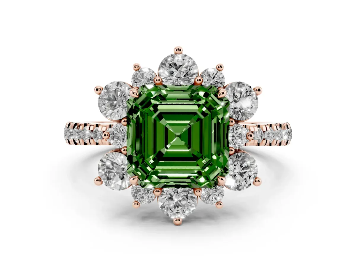 Fancy Green Asscher Cut Diamond Floral Halo Ring with Round Pavé Band and Prong Setting Rose gold
