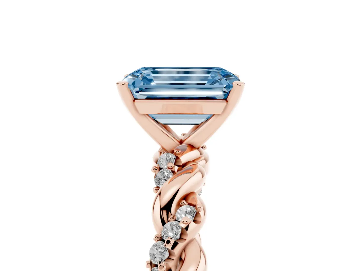 Fancy Blue Emerald Cut Diamond Solitaire Ring with Twisted Band and Pavé Accents Rose gold