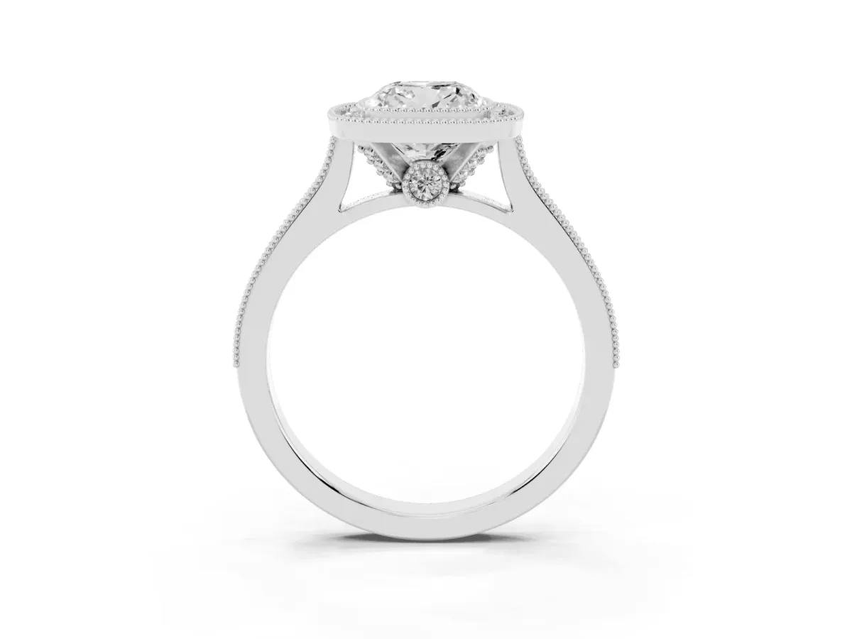 Halo Cushion Cut-Cut Diamond Pave Band Milgrain Prong Setting Ring Silver
