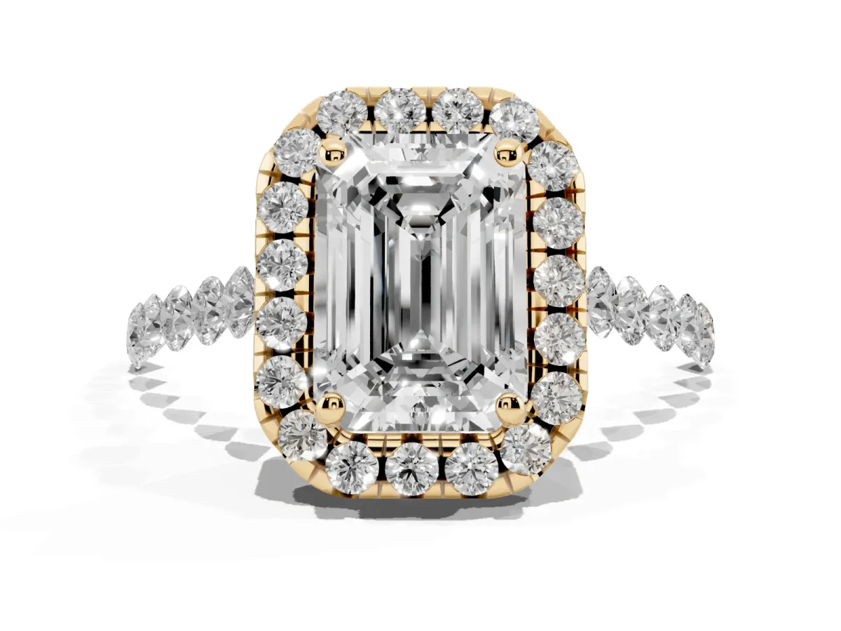 Emerald Cut Halo Pavé Diamond Engagement Ring with Four-Prong Setting Yellow gold