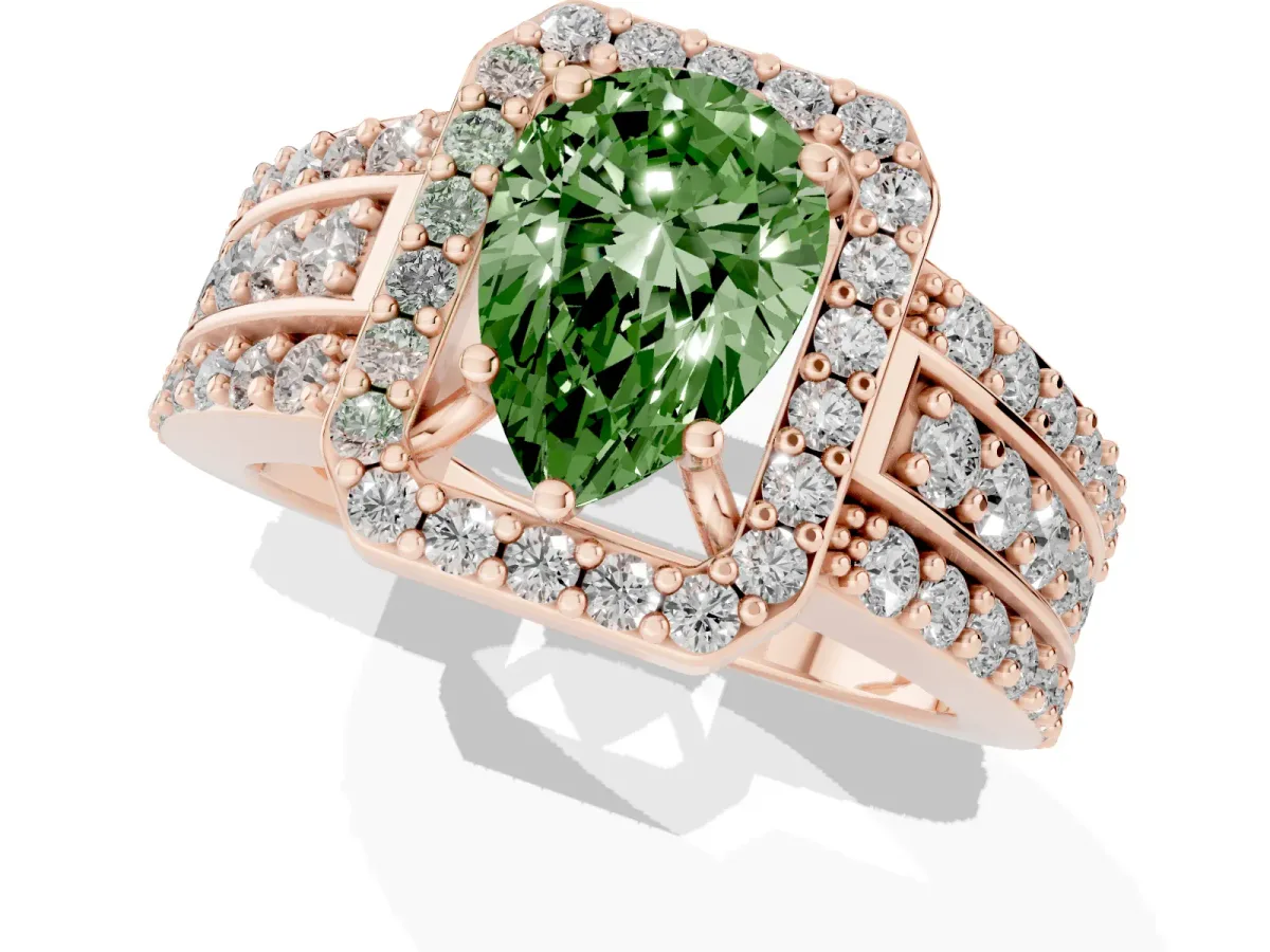 Fancy Green Pear Cut Halo Diamond Ring with Round Split Shank and Prong Setting Rose gold