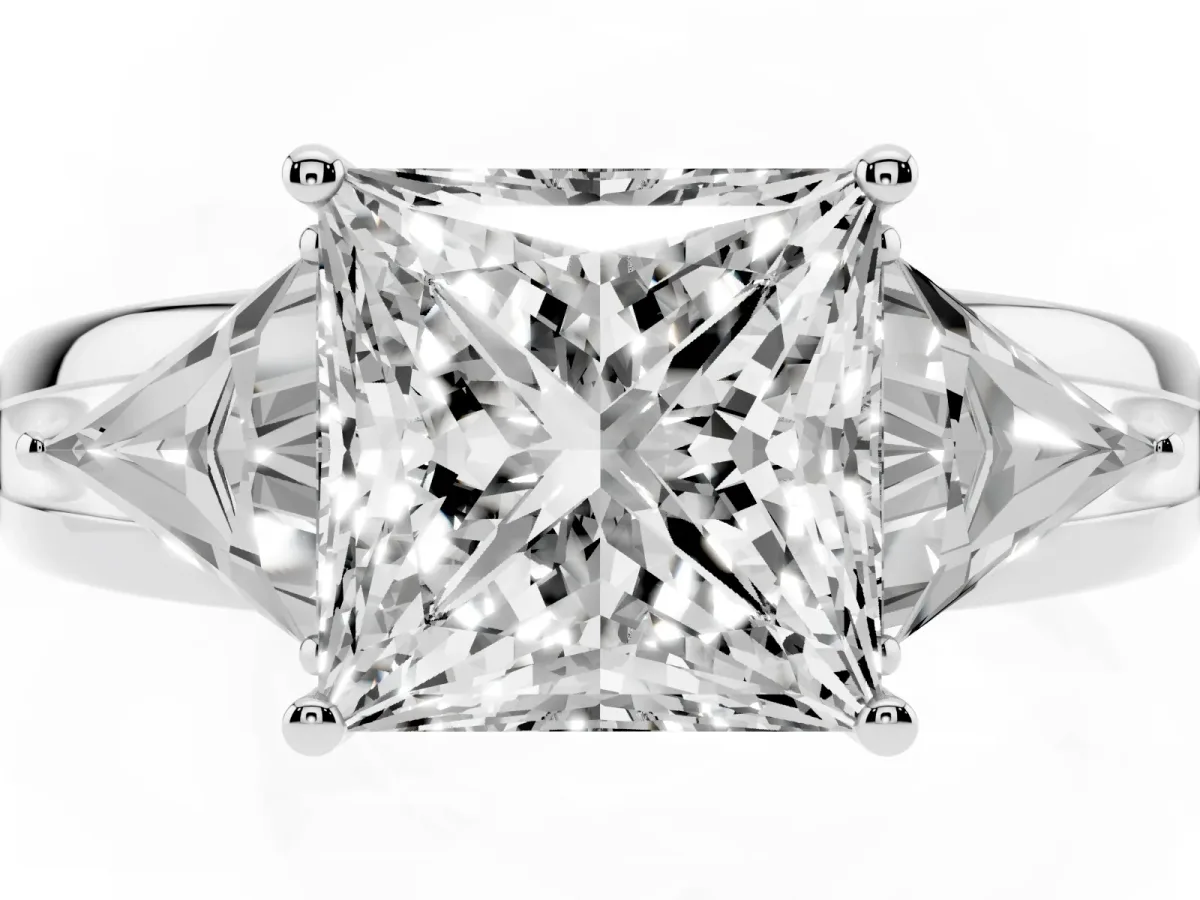 Three-Stone Princess Cut Cut Diamond Ring with Trillion Side Stones on a Split Shank Band Silver