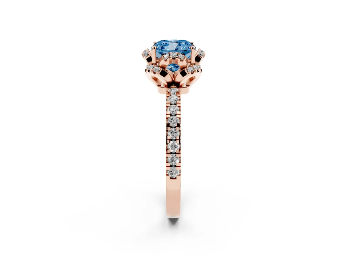 Fancy Blue Cushion Cut Halo Diamond Pave Band Ring with Four-Prong Setting Rose gold