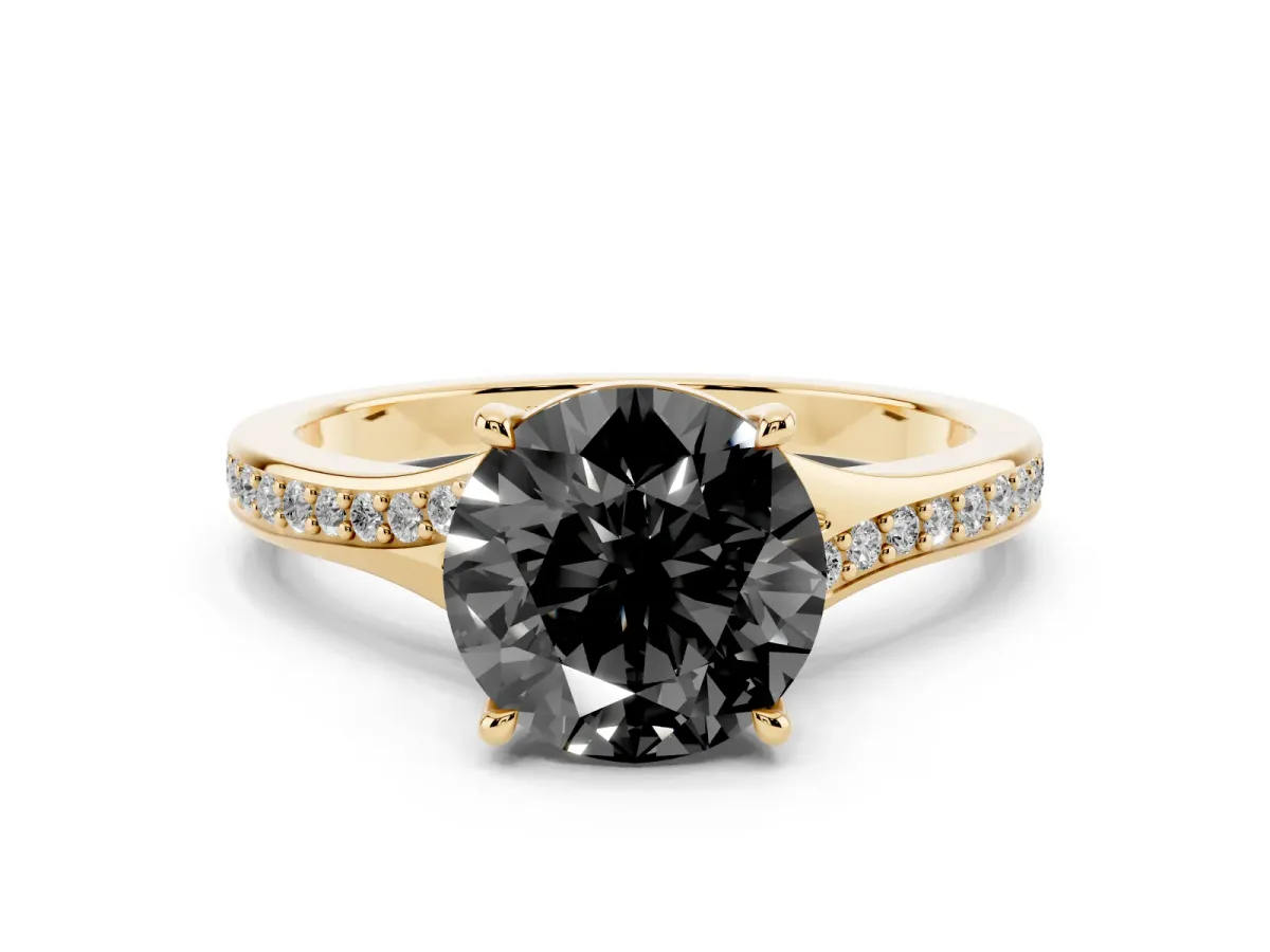 Fancy Black Round Cut Diamond Solitaire Ring with Pavé Band and Prong Setting Yellow gold
